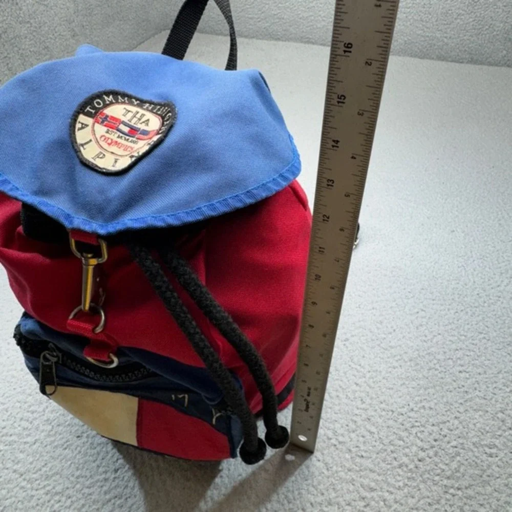 VINTAGE Tommy Hilfiger Backpack Red Blue 90s Alpine Olympics Patch‎ Cinch Canvas